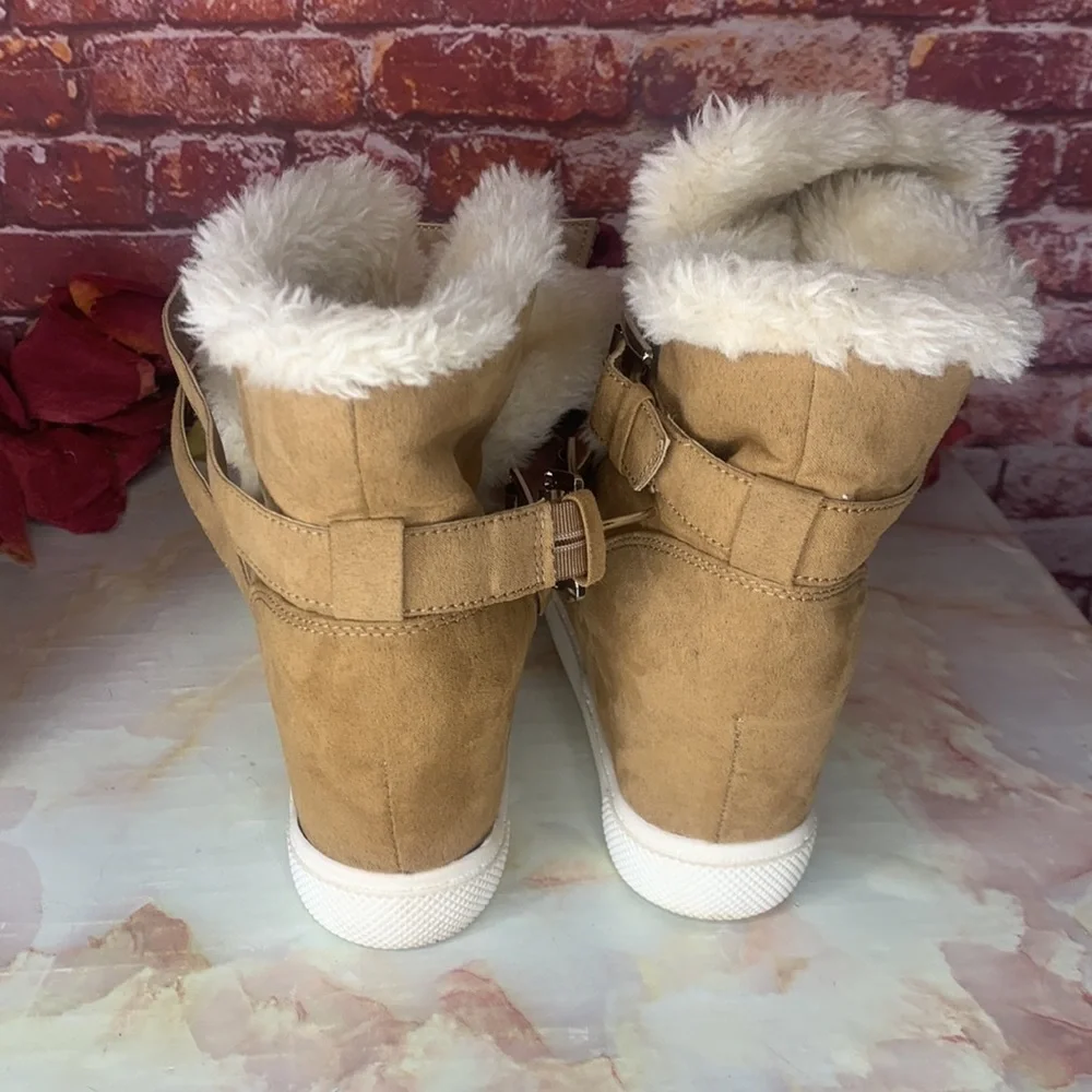 Madden NYC Tan Suede Faux Fur Peytonn Wedge Ankle Boots